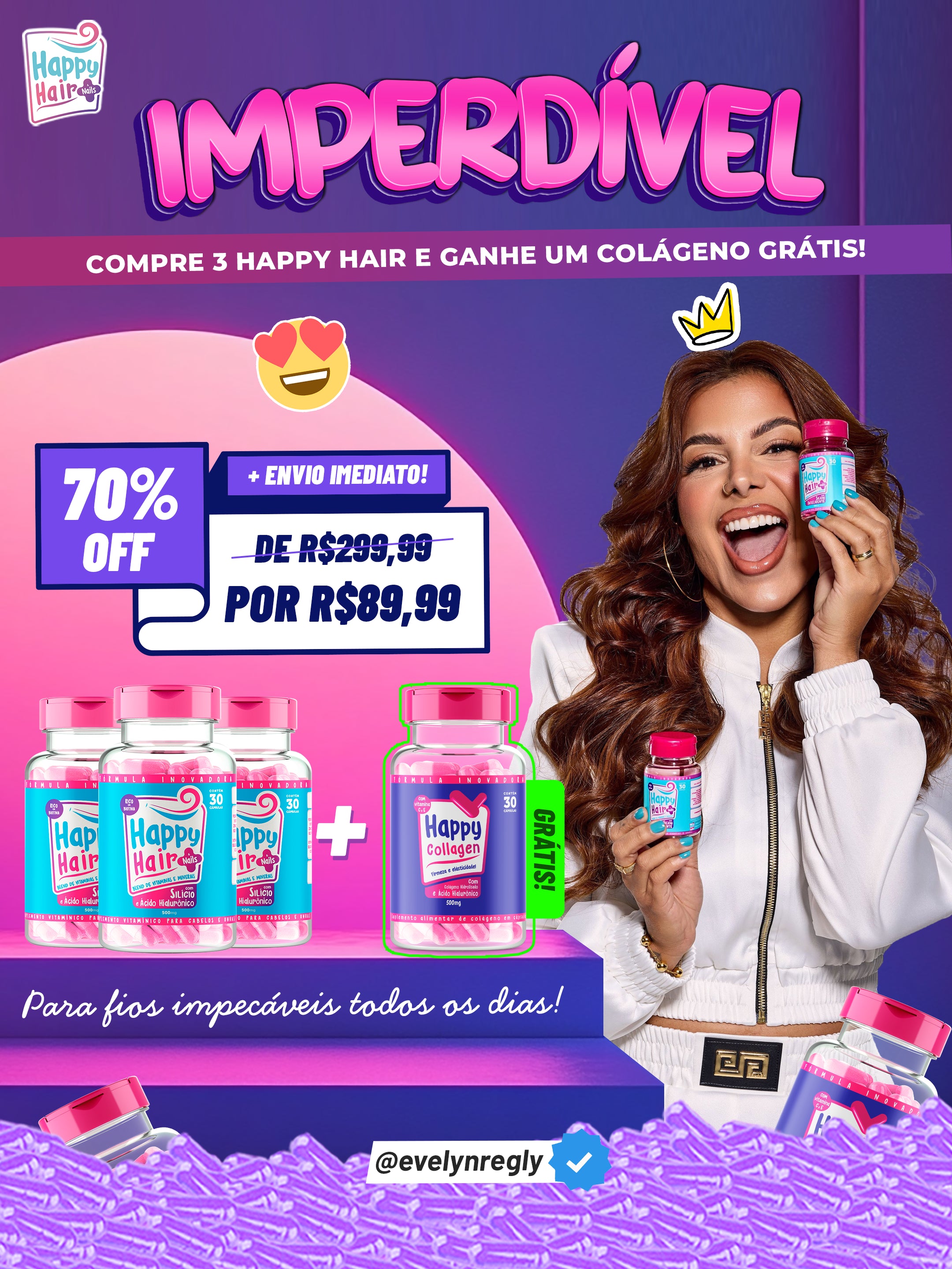 IMPERDÍVEL — Compre 3 Happy Hair e ganhe Colágeno GRÁTIS · 70% OFF